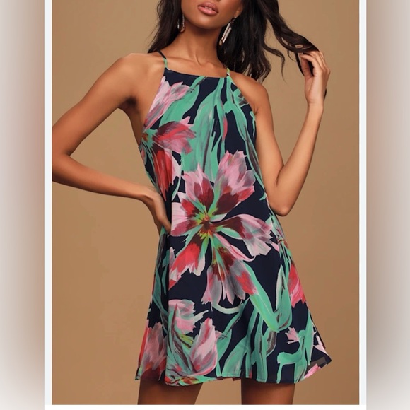LULU’S Here and Luau Navy Multi Floral Swing Dress (w/tiny defect) Sz.S - Picture 2 of 14